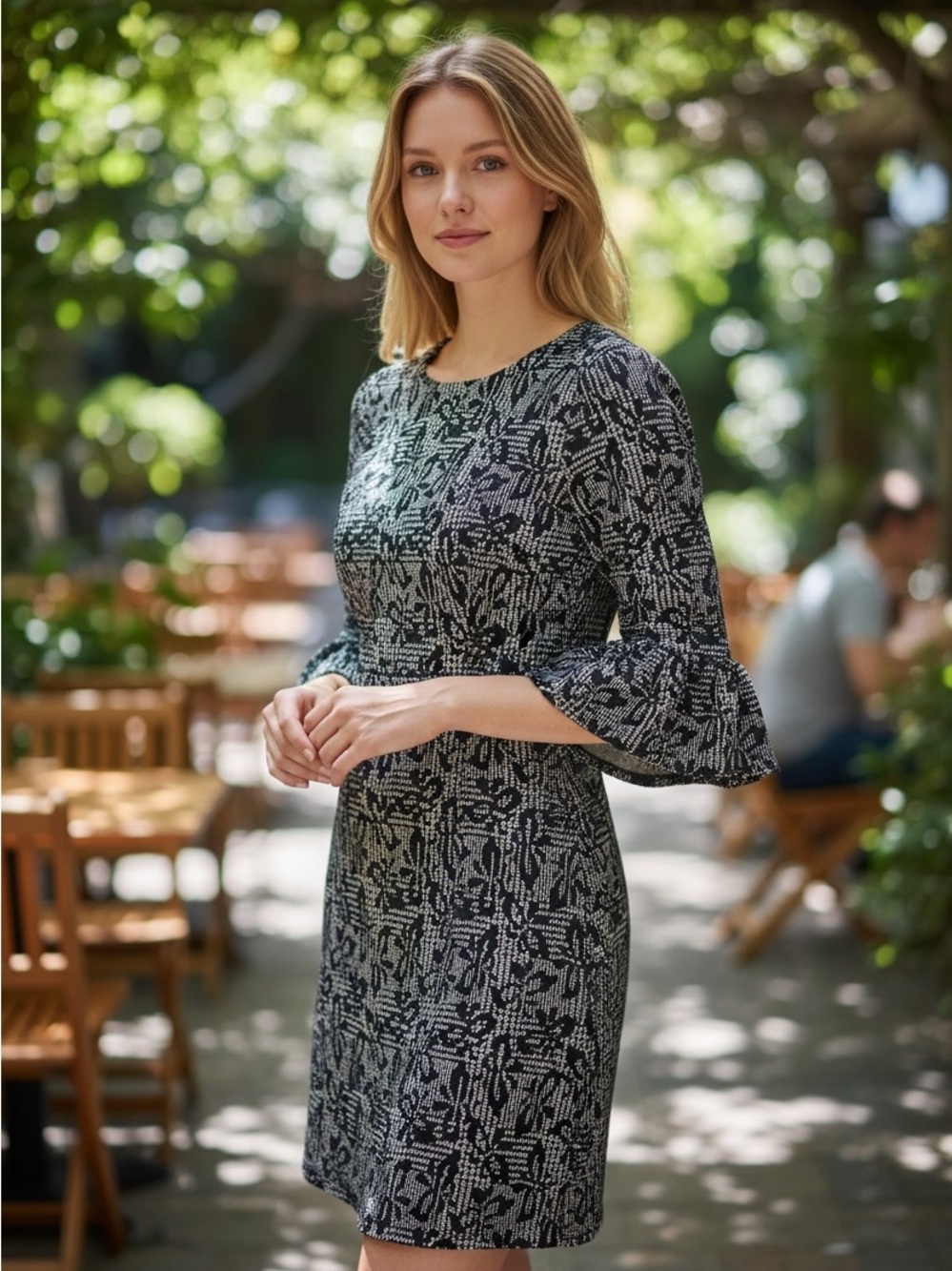 Nina Leonard Black and Grey Printed Bell-Sleeve Mini Dress